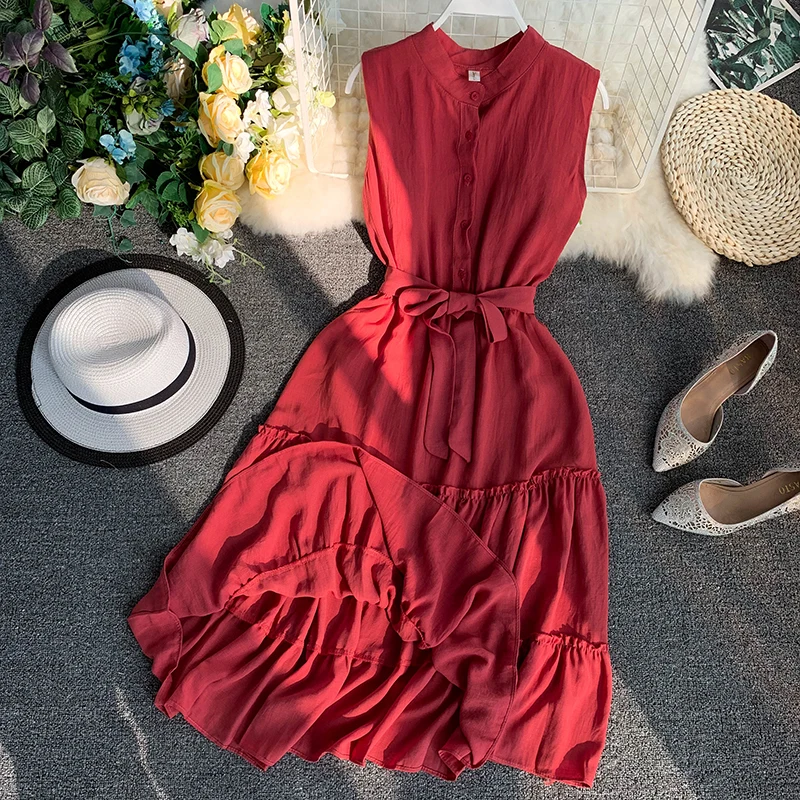 2019 new women's dresses Fresh solid color single-breasted sleeveless waist with ruffled dress female summer seaside vacation
2019 new women's dresses Fresh solid color single-breasted sleeveless waist with ruffled dress female summer seaside vacation