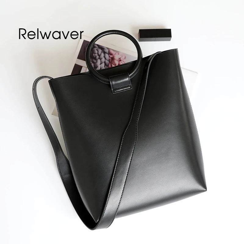 Relwaver real leather tote bag black dark blue women genuine leather handbags fashion minimalist shoulder women leather handbags
