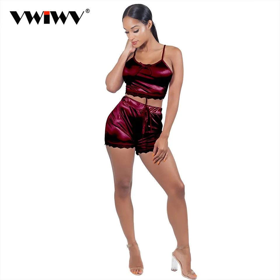 Newest Women Sexy Two Piece Satin Outfits Ladies Crop Tank Top Elastic Waist Short Pant Bow Decorative Top Trimmed With Lace
Newest Women Sexy Two Piece Satin Outfits Ladies Crop Tank Top Elastic Waist Short Pant Bow Decorative Top Trimmed With Lace