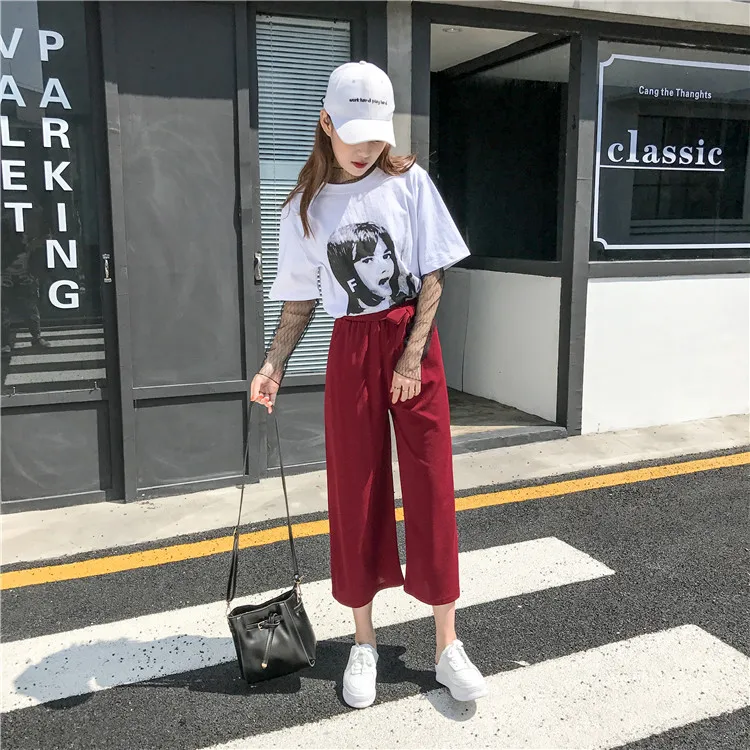 Plus Size - Casual Elastic Waist Loose Wide Leg Pants Preppy Style Trousers Female Palazzo Pants (Us 18W-20W)