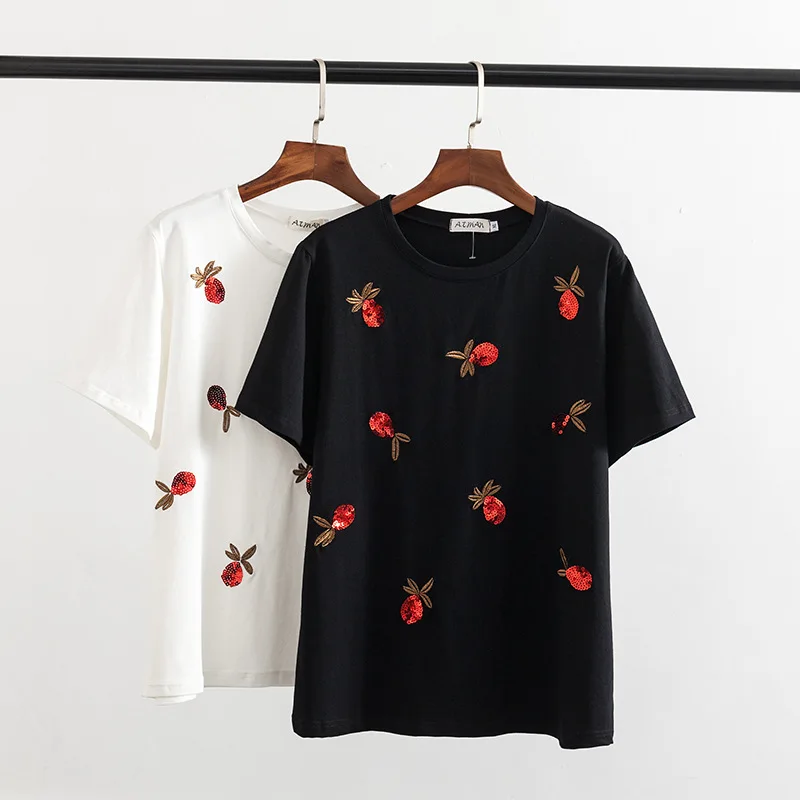 Plus Size Casual 2019 summer wear T-shirt Women Clothing Fashion Loose sequins embroidery strawberry short sleeve Tops F21-9217
Plus Size Casual 2019 summer wear T-shirt Women Clothing Fashion Loose sequins embroidery strawberry short sleeve Tops F21-9217
