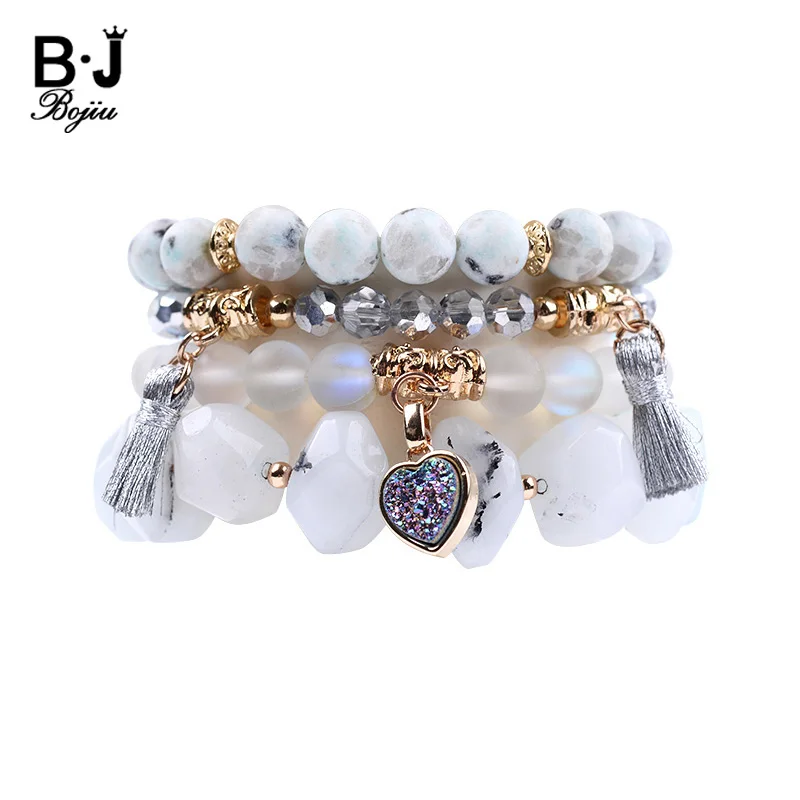 

BOJIU 4 Pcs/Set Natural Druzy Heart Bracelet For Women Crystal Natural Stone Bracelet Femme Beaded Charm Bracelets Set BCSET100