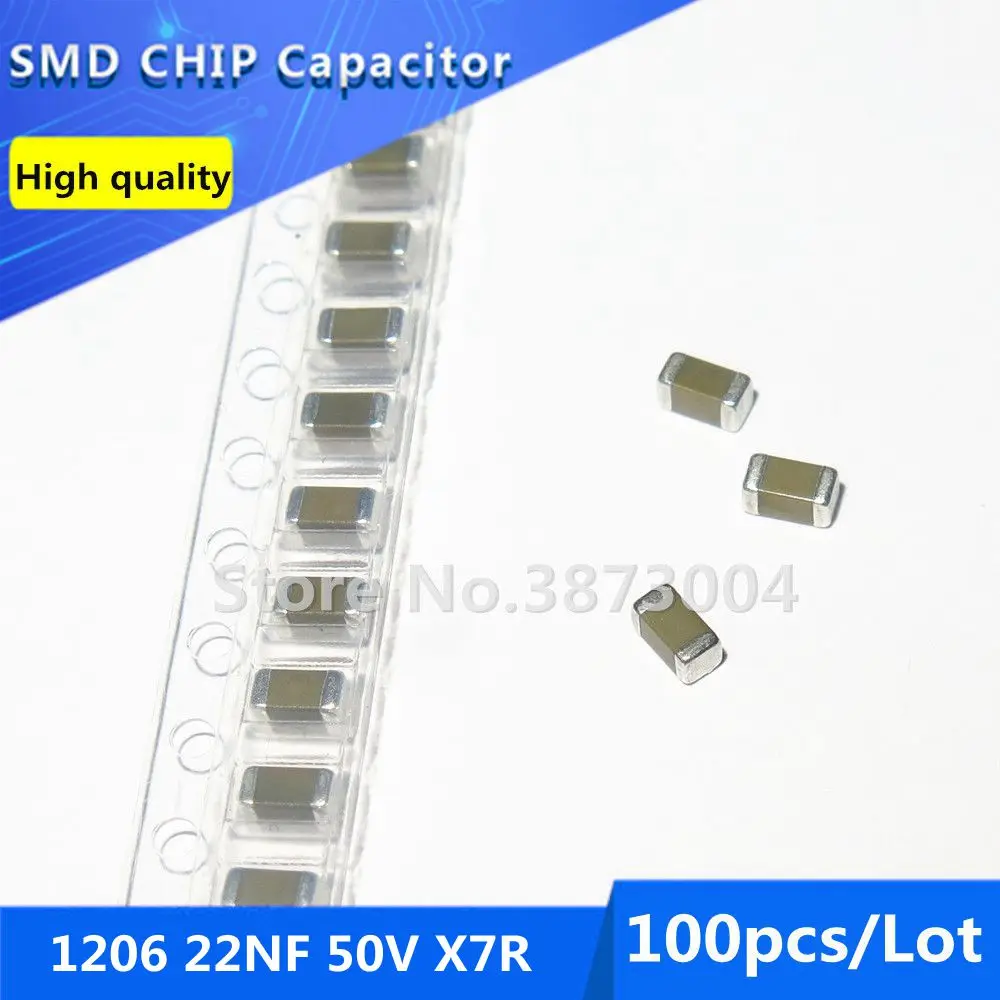 

100pcs 1206 22NF 50V X7R 10% Thick Film Chip Multilayer Ceramic Capacitor