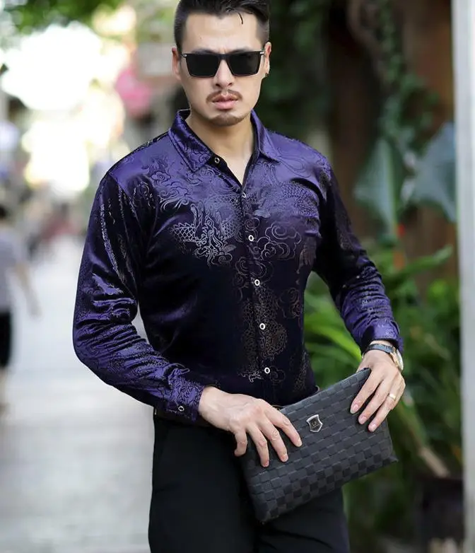Рубашка мужская бархатная с длинным рукавом и принтом дракона модная утепленная
