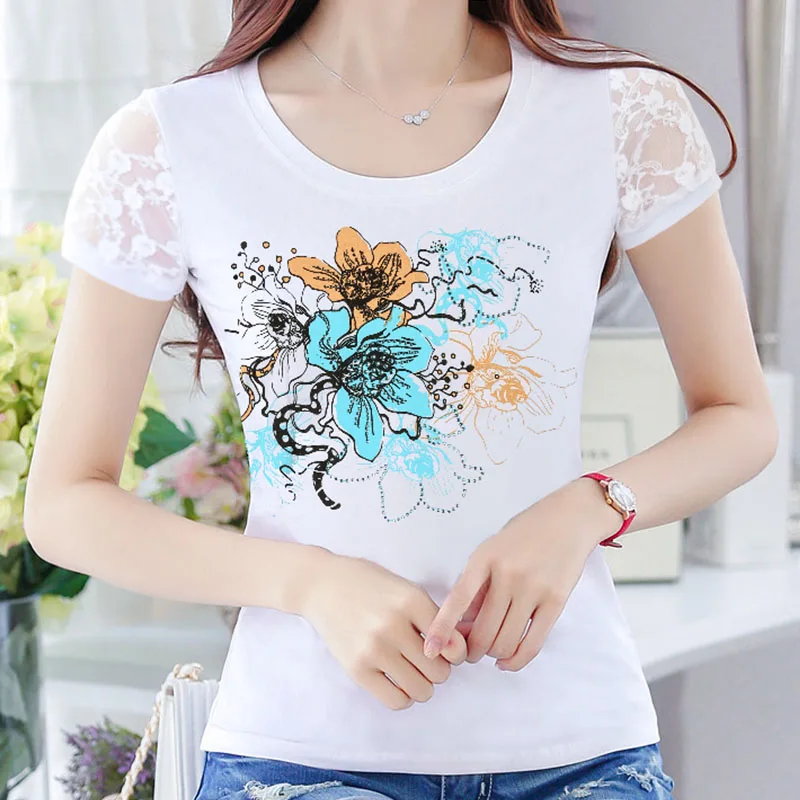 2019 women's Rhinestone short sleeve t-shirts Female diamond Tops Floral printing woman summer Cotton Tees Vetement Femme tshirt
2019 women's Rhinestone short sleeve t-shirts Female diamond Tops Floral printing woman summer Cotton Tees Vetement Femme tshirt
