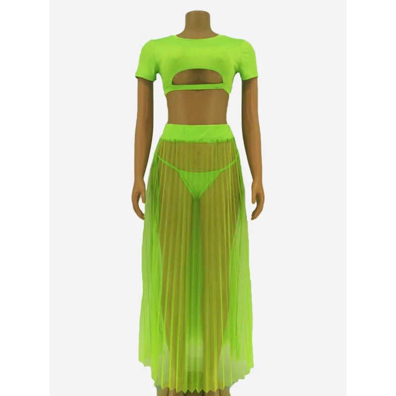 Fluorescent Women's Skirt Set Round Neck Short Sleeve Cutout Tops High Waist Mesh Perspective Pleated Skirt Sexy Women's Suit
Fluorescent Women's Skirt Set Round Neck Short Sleeve Cutout Tops High Waist Mesh Perspective Pleated Skirt Sexy Women's Suit