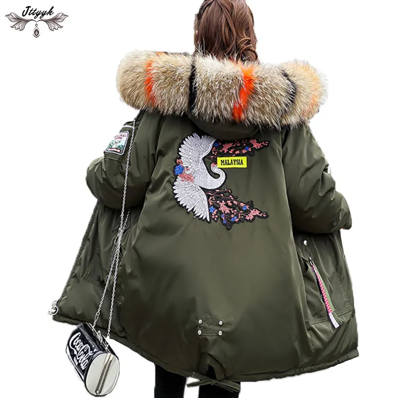 Winter Thick Parkas Long Fur Collar Warm Women Cotton Coat Fashion Hooded Embroidery Padded Jacket Plus Size Jacket Women LJ543
Winter Thick Parkas Long Fur Collar Warm Women Cotton Coat Fashion Hooded Embroidery Padded Jacket Plus Size Jacket Women LJ543