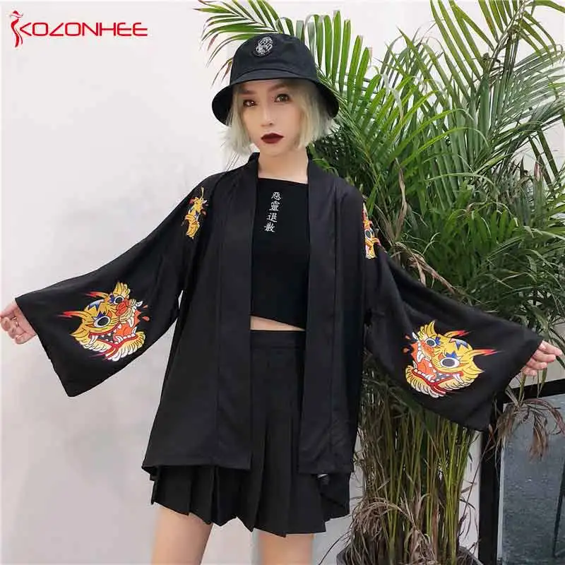 Women Summer Japanese Style Kimono Cape Vintage Colored Dragon Printed Open Front tiger Loose Wide Trim Beachwear #01 | Тематическая