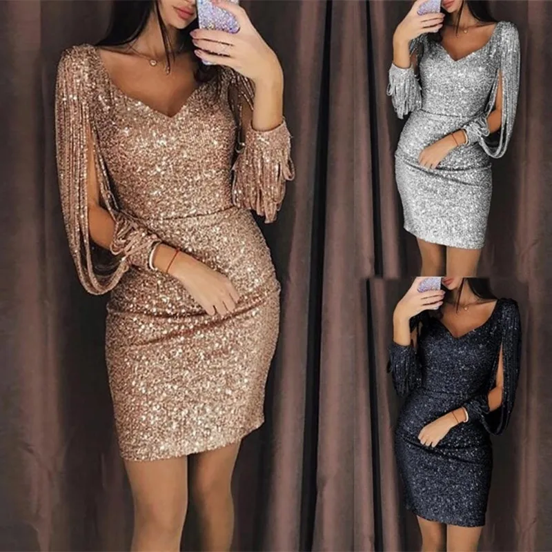 2019 Sexy Fashion Ladies Vogue Tassels Detail Slit Sleeve Sequin Party Dress Female Nightclub Midi Dresses For Women
2019 Sexy Fashion Ladies Vogue Tassels Detail Slit Sleeve Sequin Party Dress Female Nightclub Midi Dresses For Women
