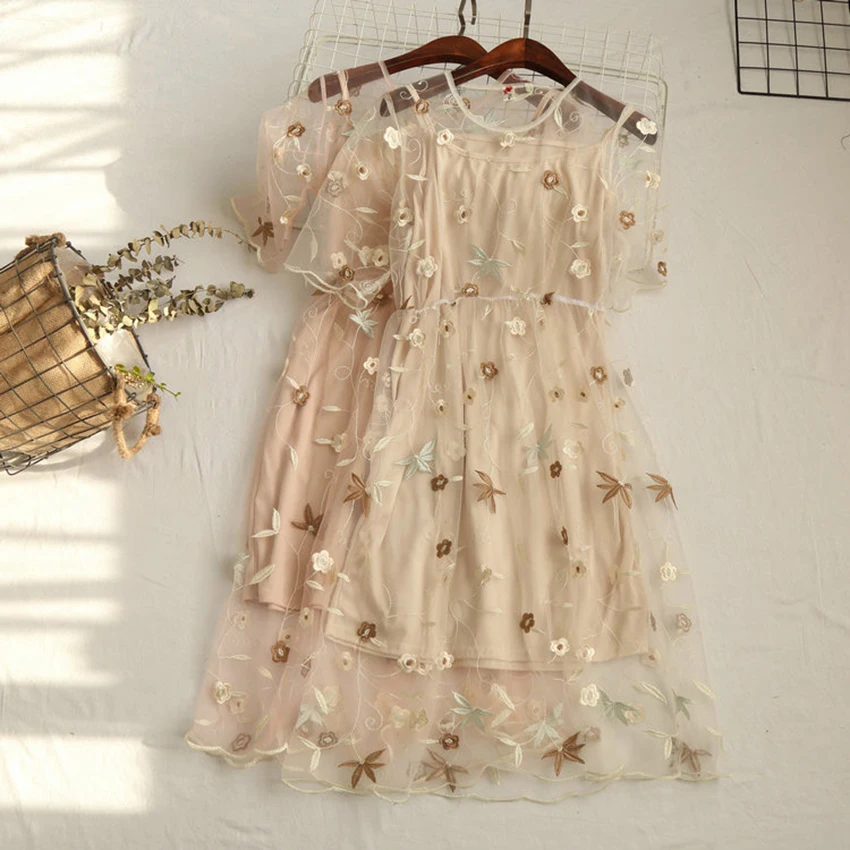 New Summer Sweet Floral Embroidery Dress Women 2 Pieces O-Neck Mesh Lace Dresses Short Sleeve Party Dress Vestidos Female Mw309
New Summer Sweet Floral Embroidery Dress Women 2 Pieces O-Neck Mesh Lace Dresses Short Sleeve Party Dress Vestidos Female Mw309