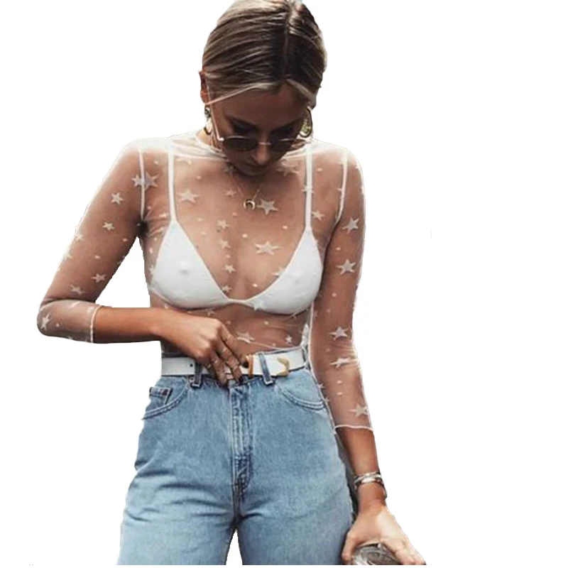 Star Print T-Shirts Women Mesh Net T-Shirt Long Sleeve Tee Tops Transparent Slim White Tops
Star Print T-Shirts Women Mesh Net T-Shirt Long Sleeve Tee Tops Transparent Slim White Tops