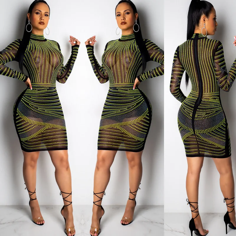 Knitted Mesh Crytsal Geometric Lines High Collar Full Sleeve Dress Stand-neck Sexy Perspective High Waist Women Club Night Grown
Knitted Mesh Crytsal Geometric Lines High Collar Full Sleeve Dress Stand-neck Sexy Perspective High Waist Women Club Night Grown