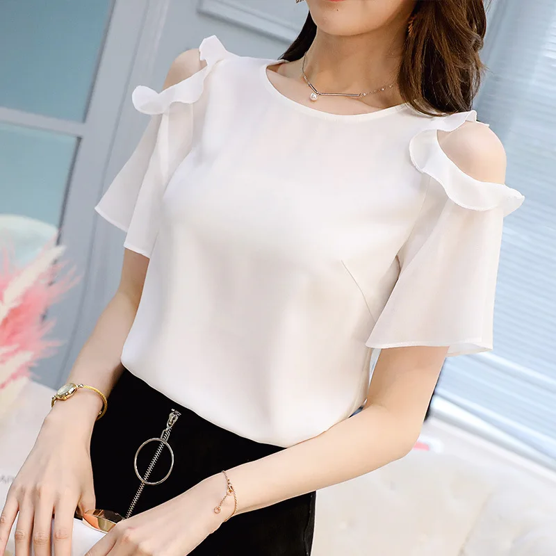 Softu Women's Fashion Summer Cooling Top Blouse Chiffon Ruffles Short Sleeve Off Shoulder Blusas White Black Red Color Plus Size | Женская