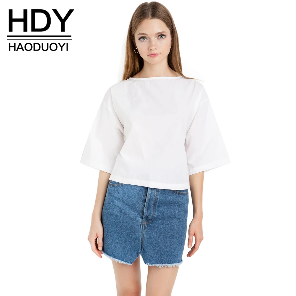 

HDY Haoduoyi Fashion Solid Color Bow-tie Back Women T-shirt O-neck Wide Sleeve Casual Tops Natural Brief Style Loose Women Tees