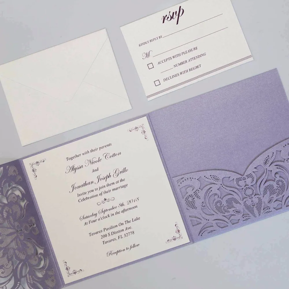 Elegant Laser Cut Wedding Invitations with RSVP Cards, Purple Pocket Invitations Customized Invitation Cards - Set of 50 pcs
Elegant Laser Cut Wedding Invitations with RSVP Cards, Purple Pocket Invitations Customized Invitation Cards - Set of 50 pcs