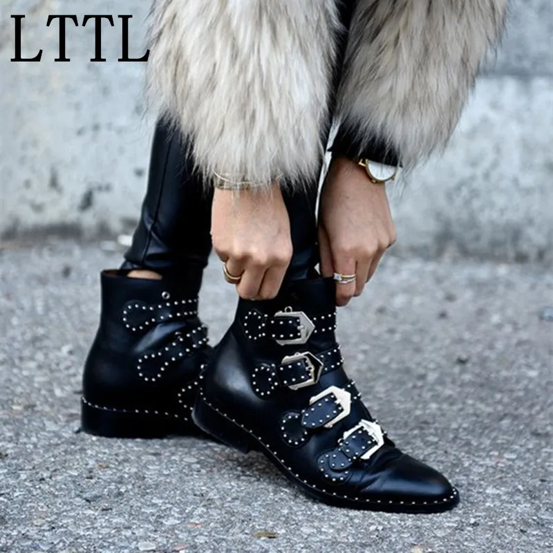 Image New Spring Autumn Genuine Leather Tactical Ankle Boots For Female Western Vintage Rivets Studded Motorcycle Punk Shoes Woman2016