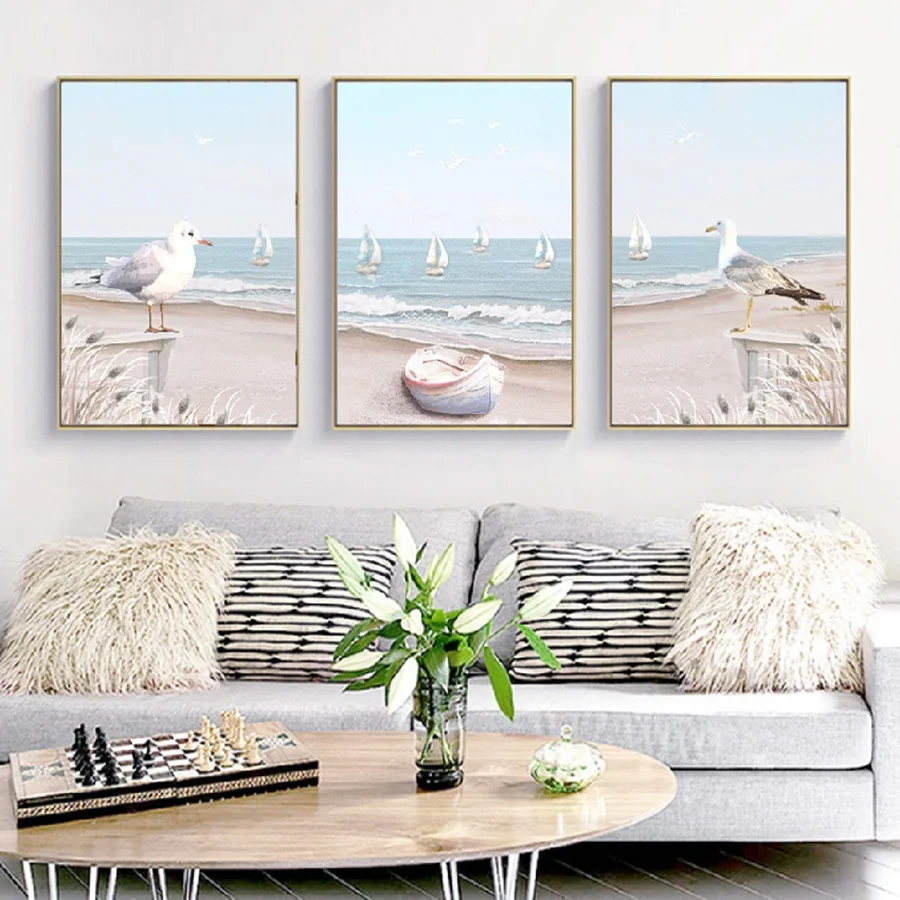 Modern Home Decoration Minimalist Mediterranean Birds Seascape Ocean Beach Nordic Poster For Living Room Wall Art Pictures | Дом и сад