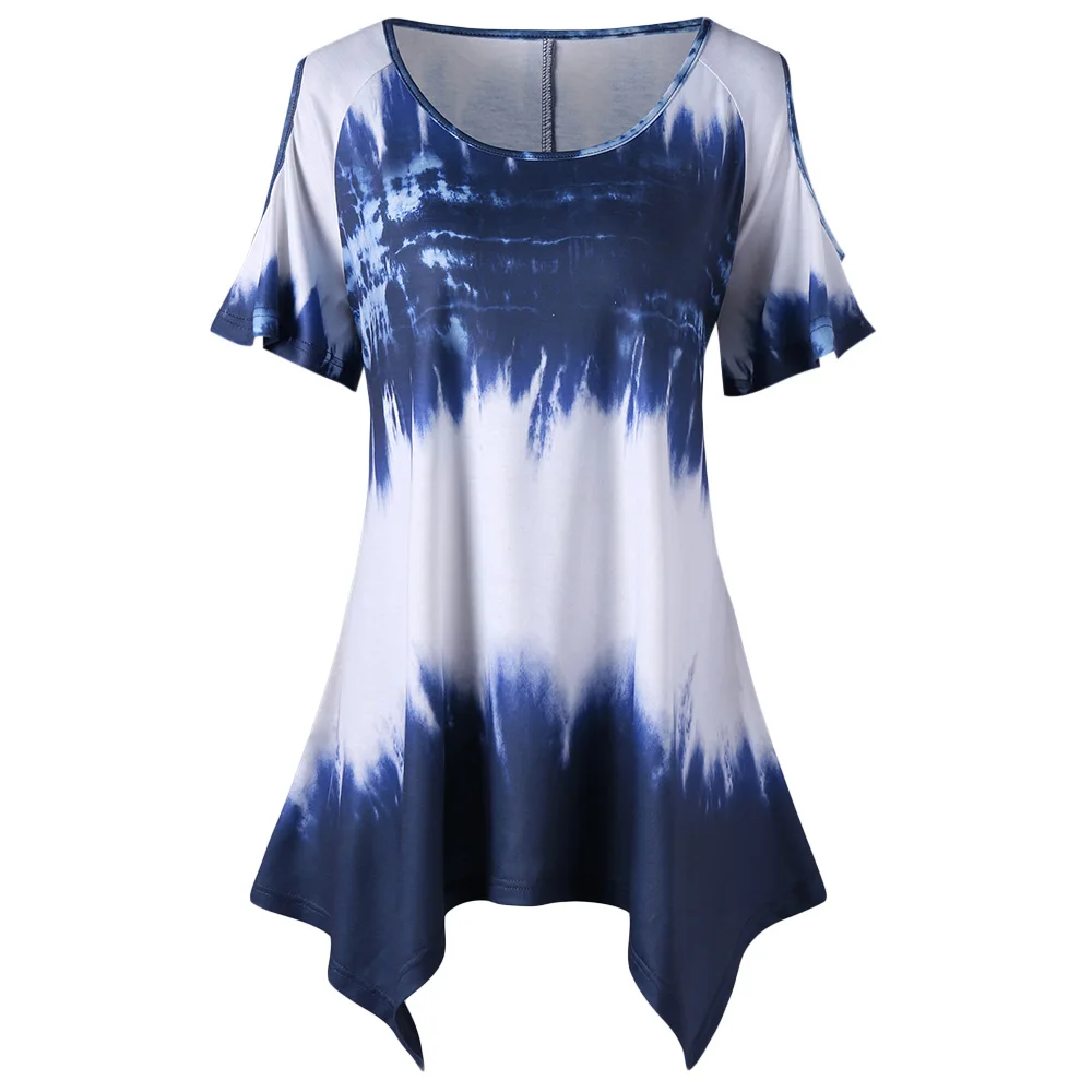 VESTLINDA Women T Shirt Summer Plus Size Ombre Print Asymmetric T-Shirt Causal Round Neck Short Sleeves Tees Big Size T Shirts 7