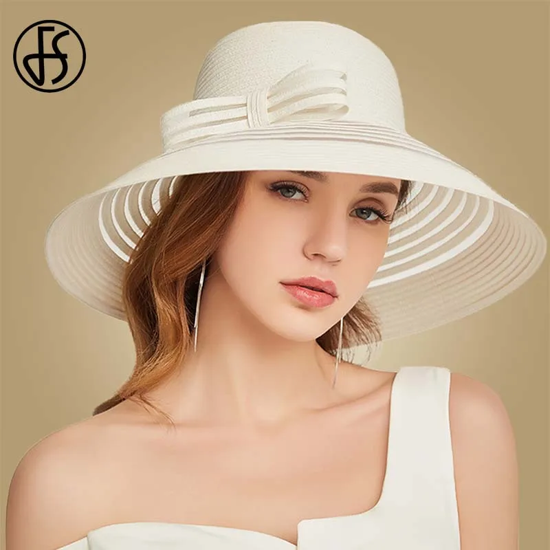 

FS 2019 Women Straw Hat With Big Bow White Black Wide Brim Floppy Foldable Beach Hats Female Ladies Spring Summer Visor Sun Caps