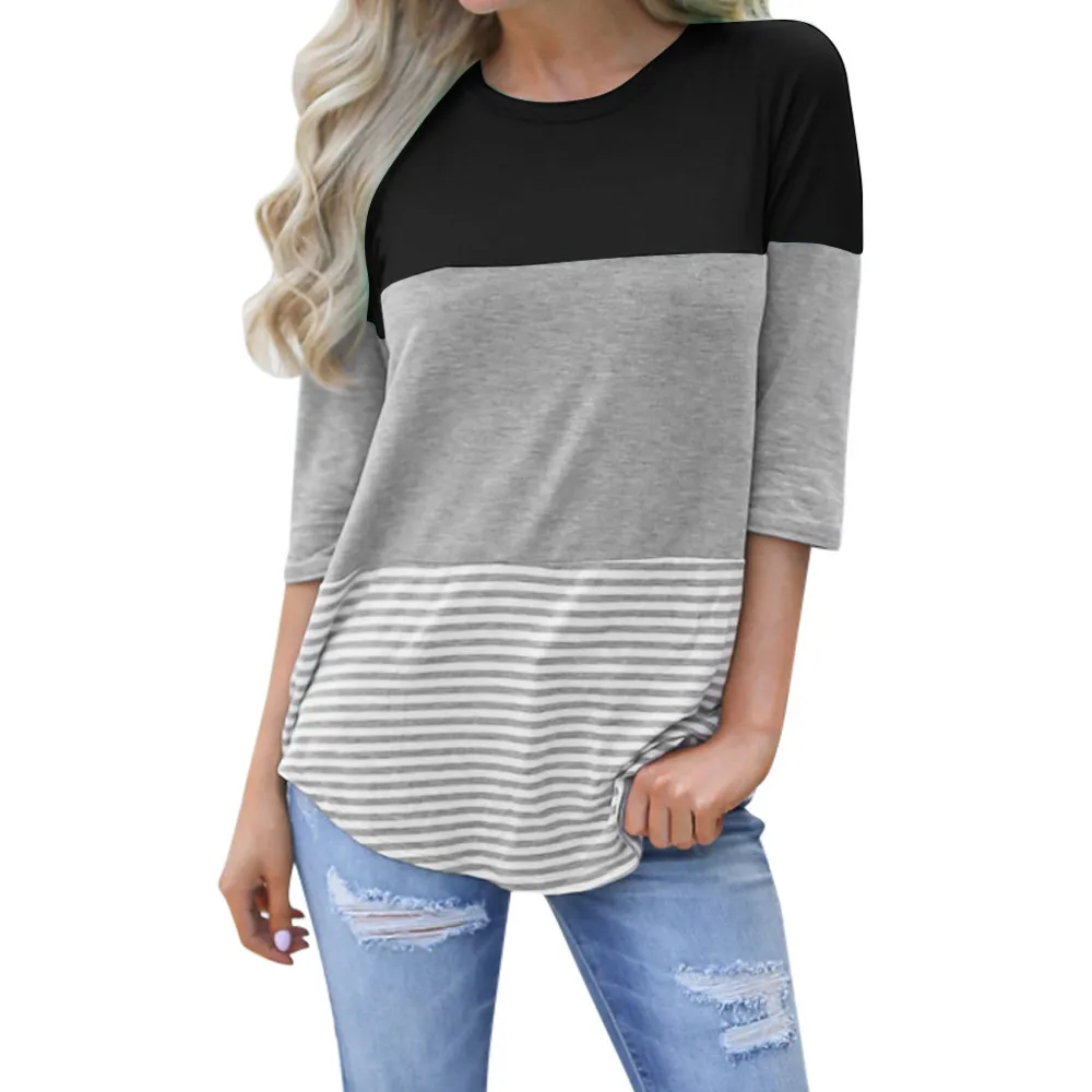 Moda para Mujer Cuello en V Manga Tres Cuartos Suelta Casual Solid Summer Camisetas