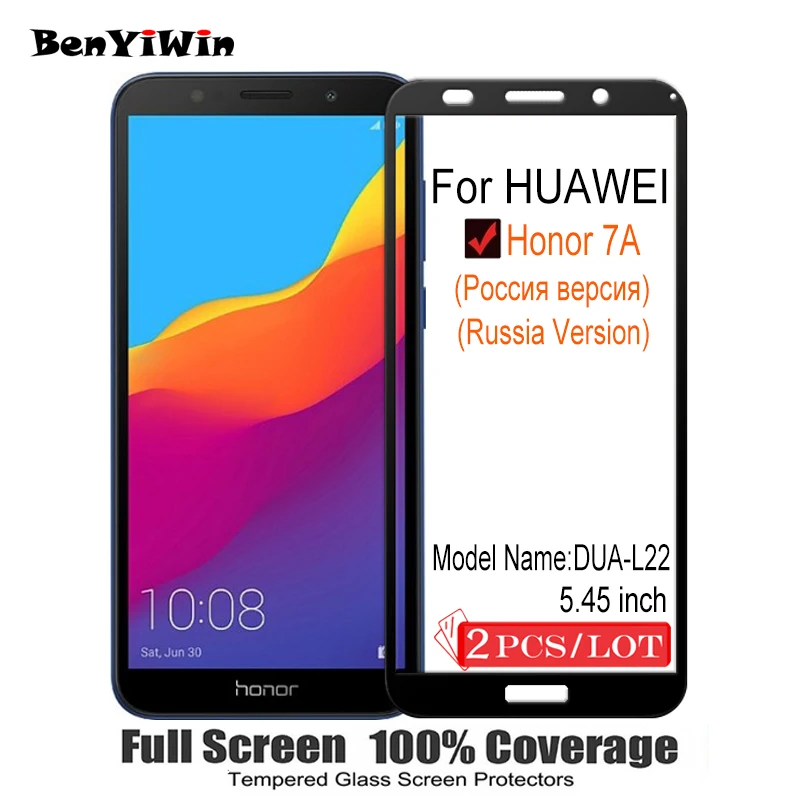 2 шт. 100% оригинальное закаленное стекло с полным покрытием для Huawei Honor 7A русская