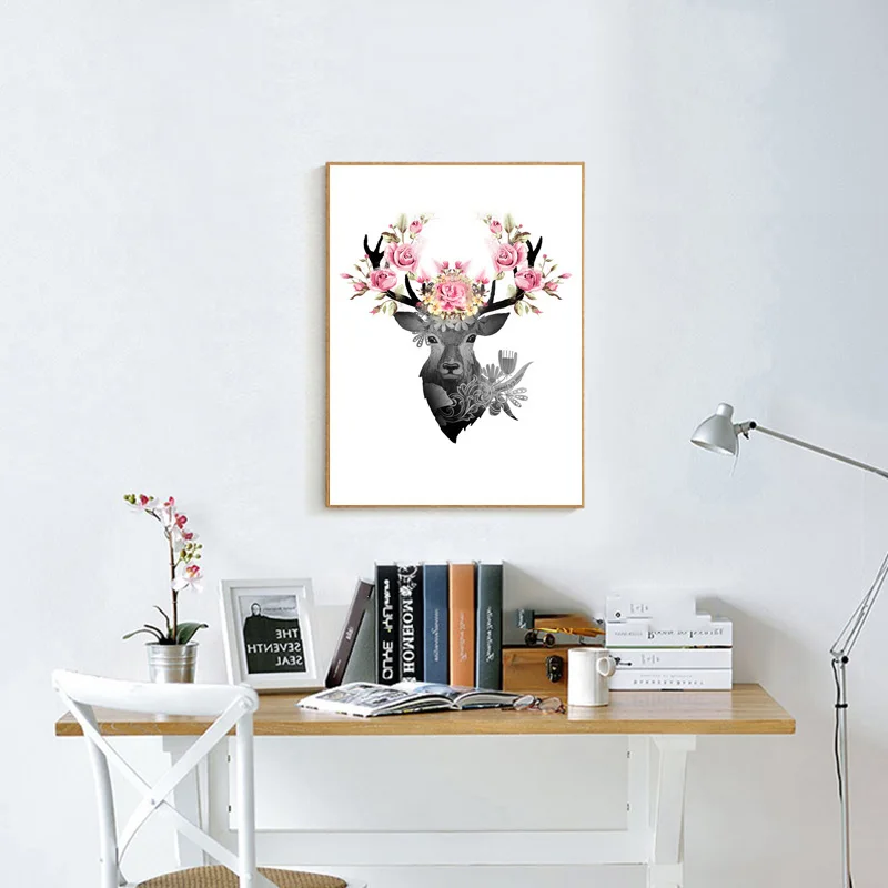 Veados-n-rdico-Flor-Rosa-Cartazes-E-C-pias-da-Lona-Arte-Da-Parede-Cabe-a (3)