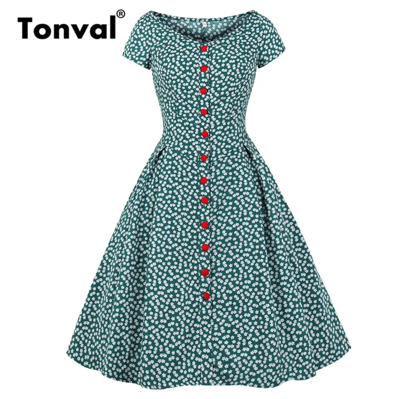 Tonval Single Breasted Green Casual Floral Summer Dress Women Red Button Little Flower Thin Fabric Fit and Flare Skater Dress
Tonval Single Breasted Green Casual Floral Summer Dress Women Red Button Little Flower Thin Fabric Fit and Flare Skater Dress