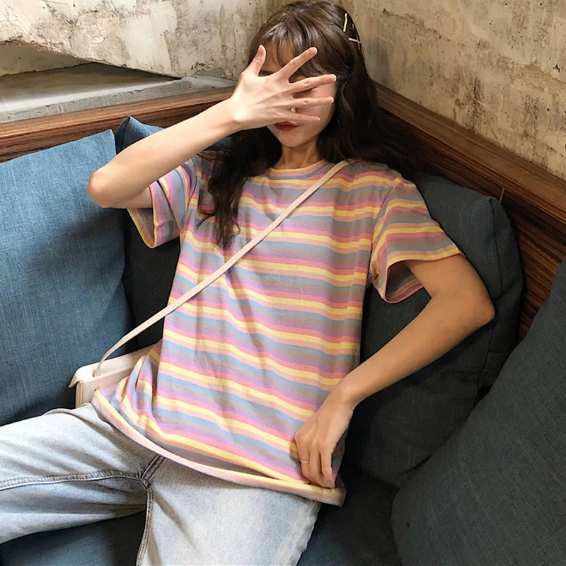 harajuku kawaii T Shirt Femme Rainbow color Striped tshirt 2019 Summer Women Clothes Casual T-Shirts korean all-match pink Tops
harajuku kawaii T Shirt Femme Rainbow color Striped tshirt 2019 Summer Women Clothes Casual T-Shirts korean all-match pink Tops