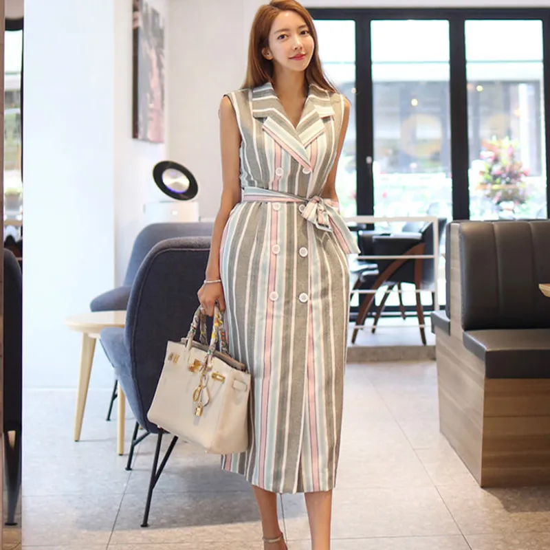 Summer Notched Sashes Cloth Double Breasted Pencil Office Lady Sleeveless Striped Mid-Calf Blazer Work Dress
Summer Notched Sashes Cloth Double Breasted Pencil Office Lady Sleeveless Striped Mid-Calf Blazer Work Dress