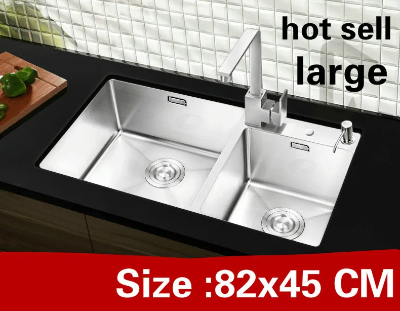 

Free shipping Household kitchen manual sink double groove do the dishes 304 stainless steel vogue large hot sell 82x45 CM