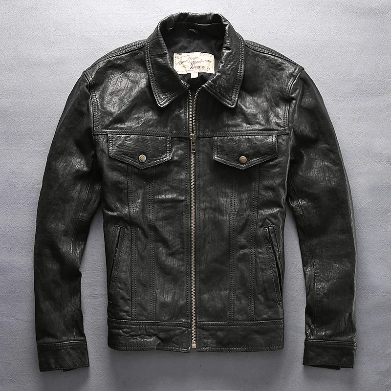 2019 men's Fold genuine leather jacket with pockets classic denim shirt style leather coat men autumn casual biker jacket male
2019 men's Fold genuine leather jacket with pockets classic denim shirt style leather coat men autumn casual biker jacket male