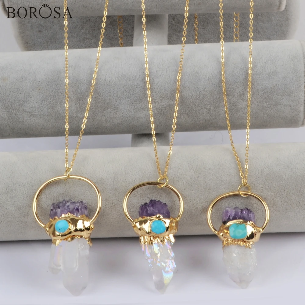 BOROSA 3PCS New Gild Metal Charm Titanium AB Druzy Crystal Quartz Point With Amethysts Chips & Turquoises Pendant Necklace G1806
BOROSA 3PCS New Gild Metal Charm Titanium AB Druzy Crystal Quartz Point With Amethysts Chips & Turquoises Pendant Necklace G1806