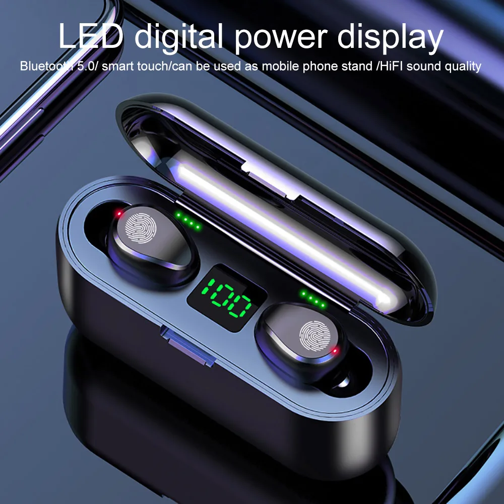 TWS Wireless Earbuds F9 Bluetooth V5.0 Earphone Fingerprint Touch Head phone LED Display 2000mAh Power Bank Headset Microphone
TWS Wireless Earbuds F9 Bluetooth V5.0 Earphone Fingerprint Touch Head phone LED Display 2000mAh Power Bank Headset Microphone