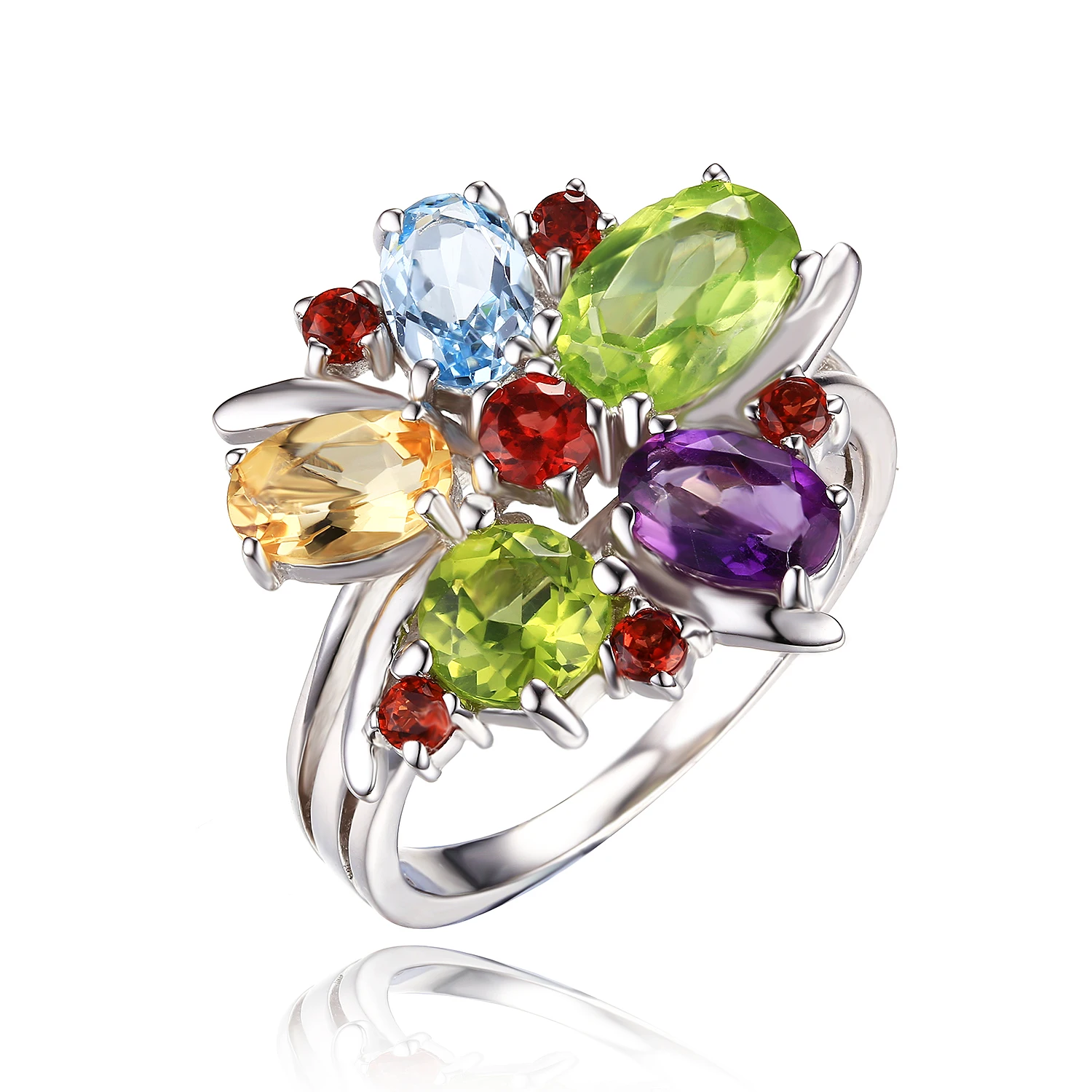 925 Sterling Silver Ring w/ Amethyst Garnet Topaz Gemstone for Women
