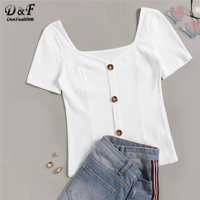 

Dotfashion White Button Front Rib-Knit Slim Fit Tee Women Clothes 2019 Casual Ladies Tops Summer Sweetheart Short Sleeve T-Shirt