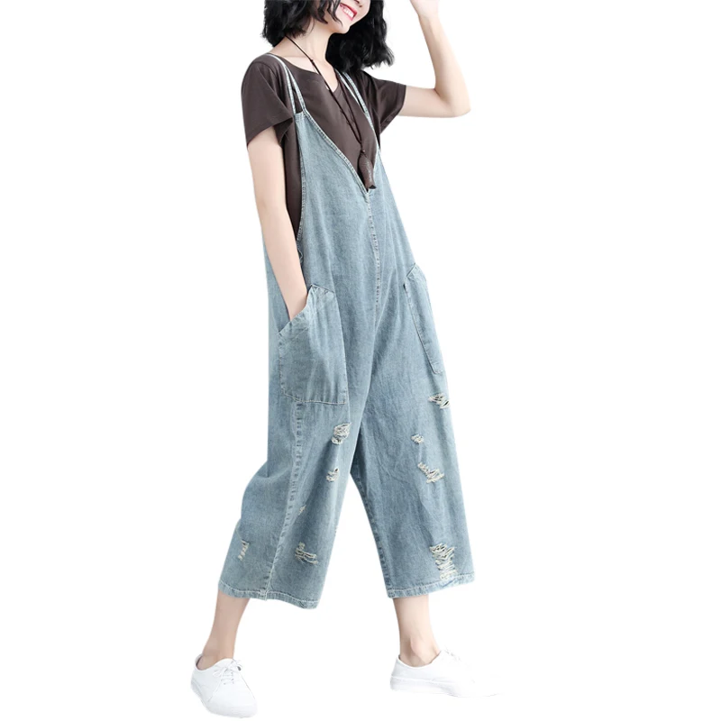 Women Summer Autumn Solid V-neck Pockets Denim Jumpsuits Casual Loose Strap Ripped Hole Overalls Jean Romper
Women Summer Autumn Solid V-neck Pockets Denim Jumpsuits Casual Loose Strap Ripped Hole Overalls Jean Romper