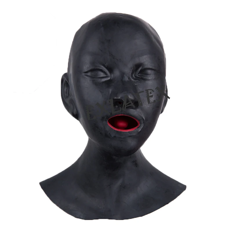 

Latex Mask Fetish Unisex Rubber Hood Anatomical Heavy Mask Lined with Red Mouth Sheath Tongue and Nose Tube Female bdsm Hood