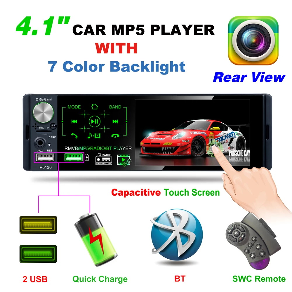 4.1 Inch Touch Screen Bluetooth Car MP5 Player Support RMVB/MP5/BT Player AM FM Radio RDS Micophone and Rear Camera Car Receiver
4.1 Inch Touch Screen Bluetooth Car MP5 Player Support RMVB/MP5/BT Player AM FM Radio RDS Micophone and Rear Camera Car Receiver