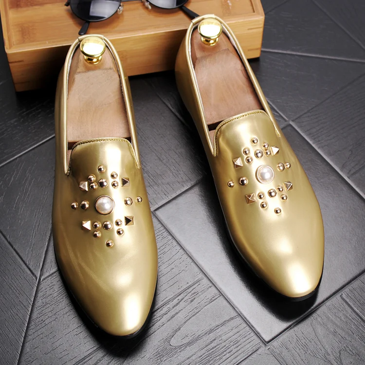 

Mens Rivet Spike Rivet Studs Punk Slip On Pointy Toe Loafers Mocassin Dress Formal Shoes Oxfords Patent Leather Gold Sliver A229