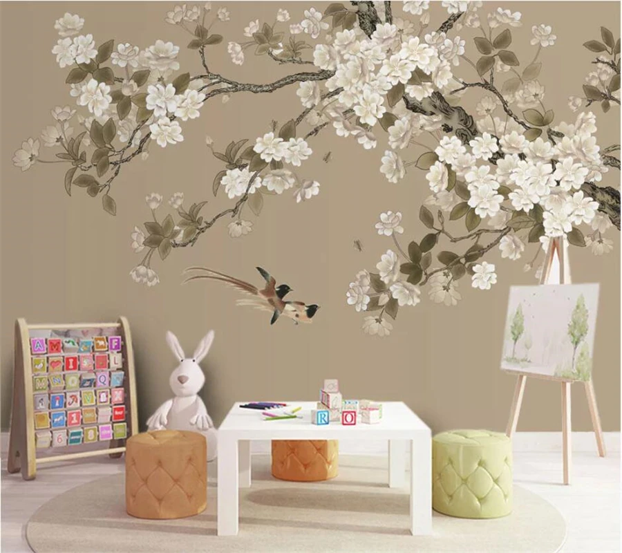 

beibehang Custom wallpaper 3D mural Gongbi Begonia flowers and birds background wall hand-painted flowers and birds 3d wallpaper