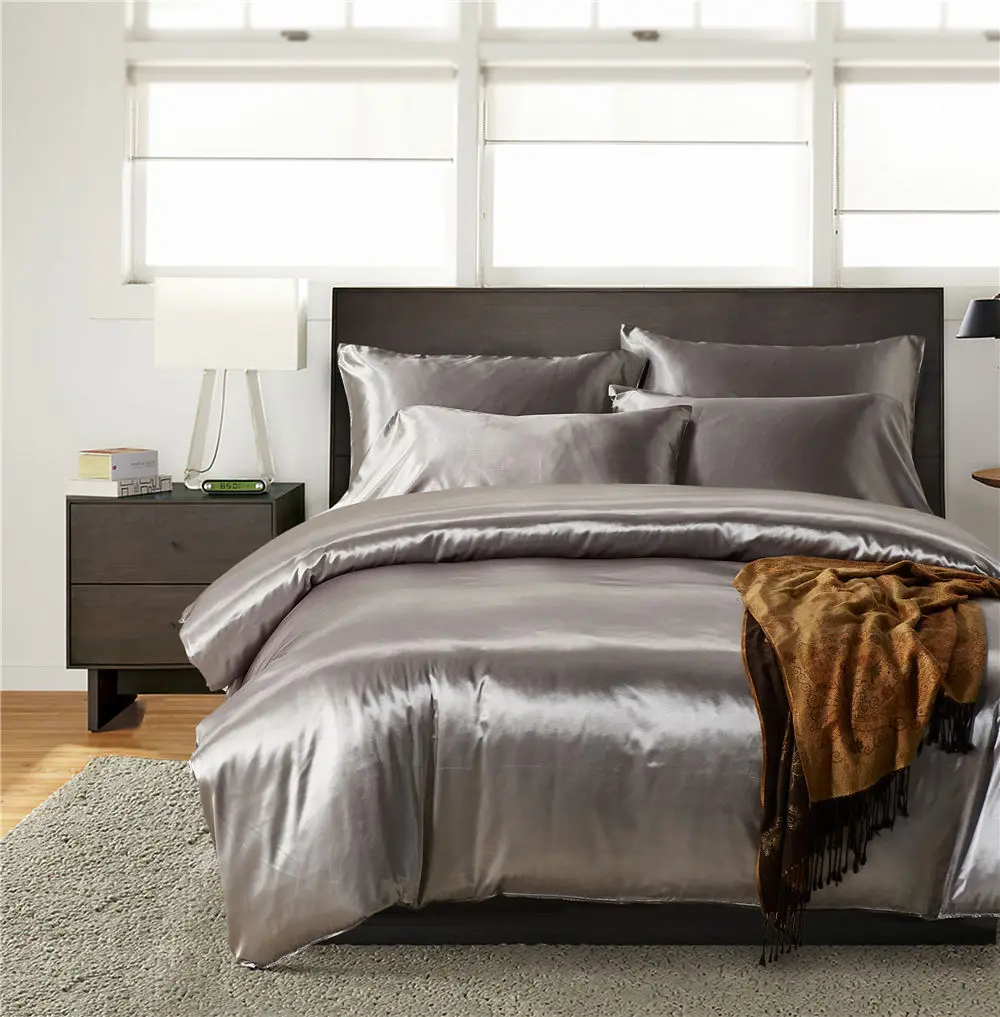 2020 Satin Silk Duvet Cover Set Us Uk Size Modern Bedding Grey