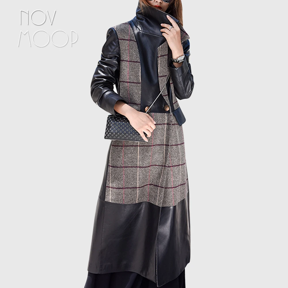Winter autumn women genuine leather real lambskin long trench coat 100% wool plaid woolen spliced leather casaco feminino LT2542
Winter autumn women genuine leather real lambskin long trench coat 100% wool plaid woolen spliced leather casaco feminino LT2542