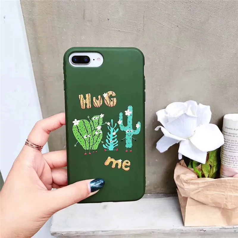 LUDI Cute Cartoon Dog Cactus Phone Case for iPhone 7 7Plus Simple Letters Green Leaves Soft Phone Bags for iPhone X 6 6S 8 Plus 03