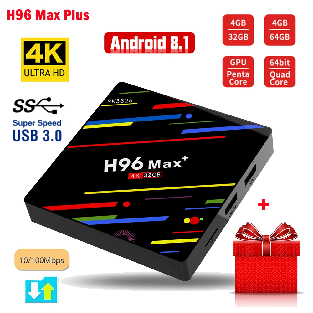 H96 Max плюс Android 8 1 Smart ТВ Box 4 Гб Оперативная память 32 ГБ/64 ГБ Встроенная Декодер
