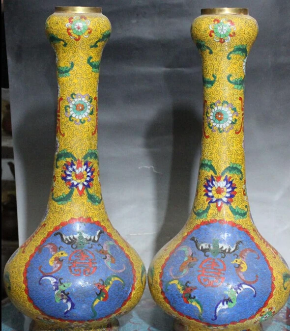 huij 007946 22" China Cloisonne Enamel Bronze Gilt Fu Bat Flower Bottle Vase Pot Statue Pair
huij 007946 22" China Cloisonne Enamel Bronze Gilt Fu Bat Flower Bottle Vase Pot Statue Pair