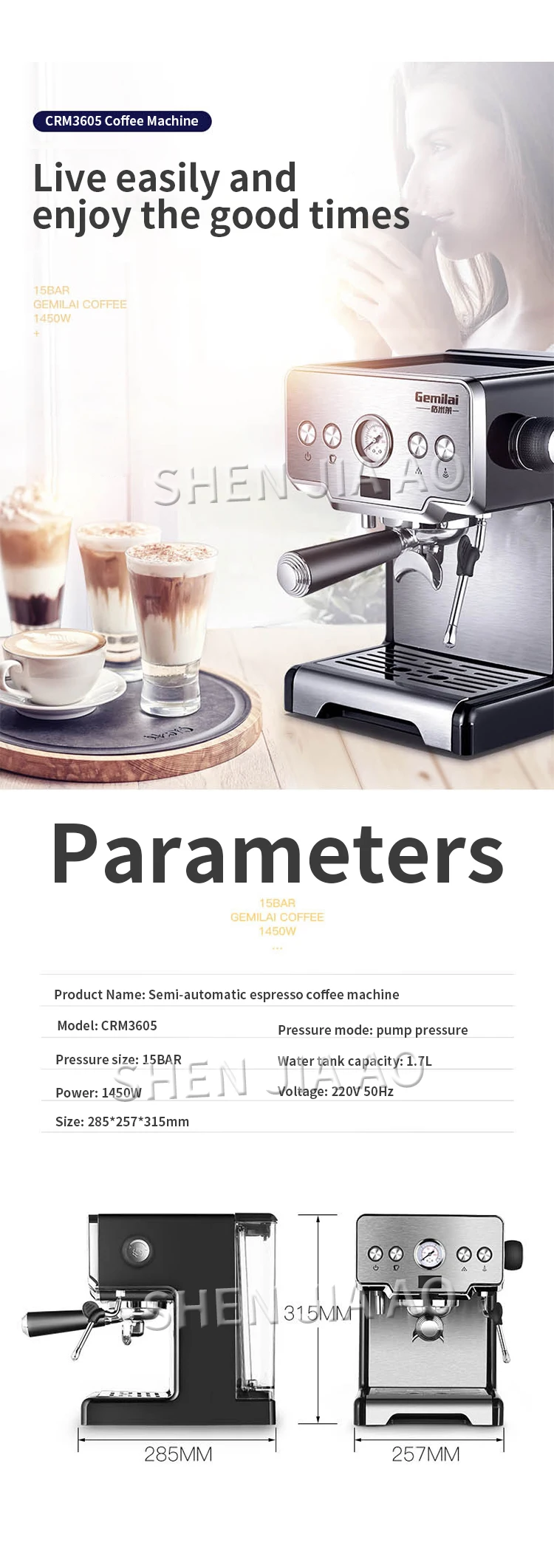 CRM3605 15bar Italian Coffee Machine for Home Coffee Maker Espresso Maker Semi-Automatic Pump Type Cappuccino Milk Bubble Maker CRM3605 15bar Italian Coffee Machine for Home Coffee Maker Espresso Maker Semi-Automatic Pump Type Cappuccino Milk Bubble Maker