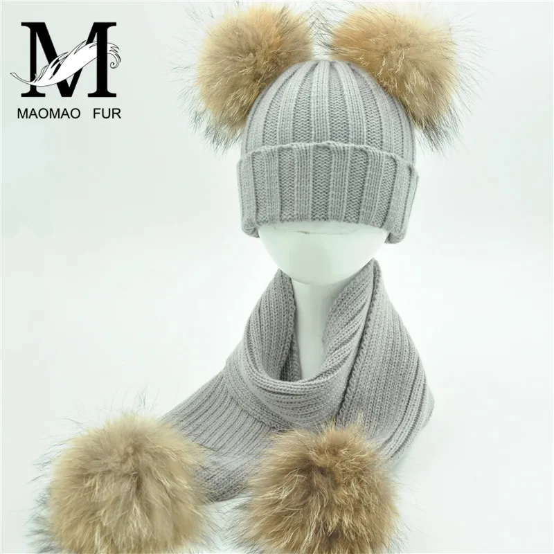 

Kids Fur Scarf and Hat Set Winter Warm Thick Stretchy Knitted Beanie Boys Girls Real Double Fur Pom Pom Hat and Scarf Set