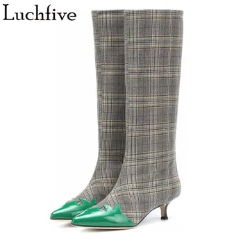 T show Women shoes autumn 2018 new plaid cloth green leaf decor patchwork British style pointed toe kitten heel knee high boots
T show Women shoes autumn 2018 new plaid cloth green leaf decor patchwork British style pointed toe kitten heel knee high boots