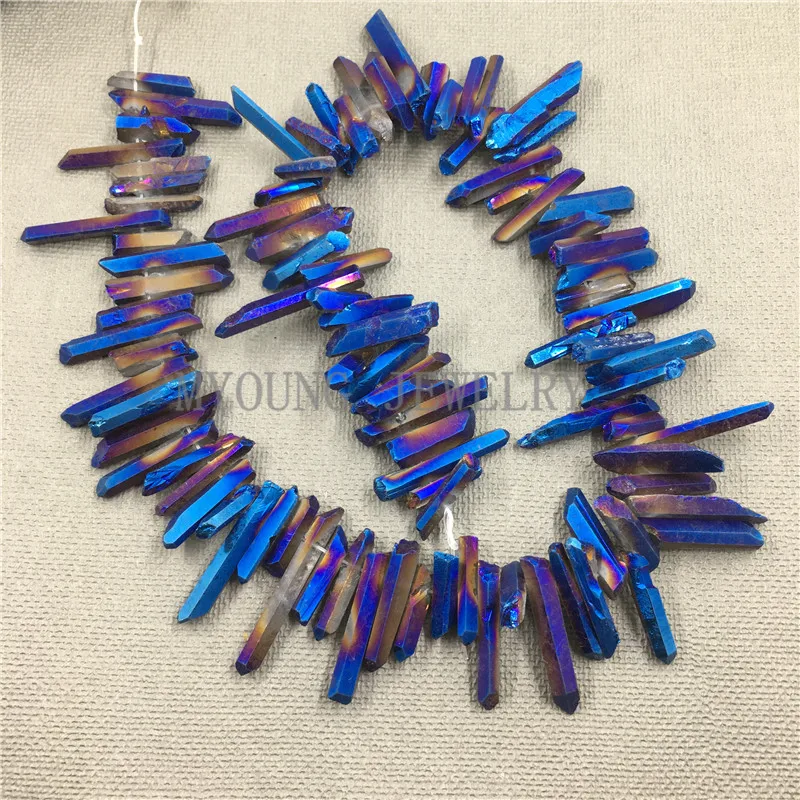 

MY0789 15.5 Inch Mystic Blue Crystal Quartz Titanium Stick Beads,Rainbow Coated Spike Point Beads,Raw Quartz Top Drilled Beads
