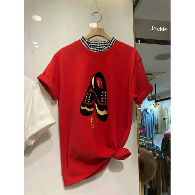 Spring Korean Loose Short Sleeved T-shirts Fashion Shoes Patterned Plaid Stitched Embroidery T-shirts Red Women T-shirts
Spring Korean Loose Short Sleeved T-shirts Fashion Shoes Patterned Plaid Stitched Embroidery T-shirts Red Women T-shirts